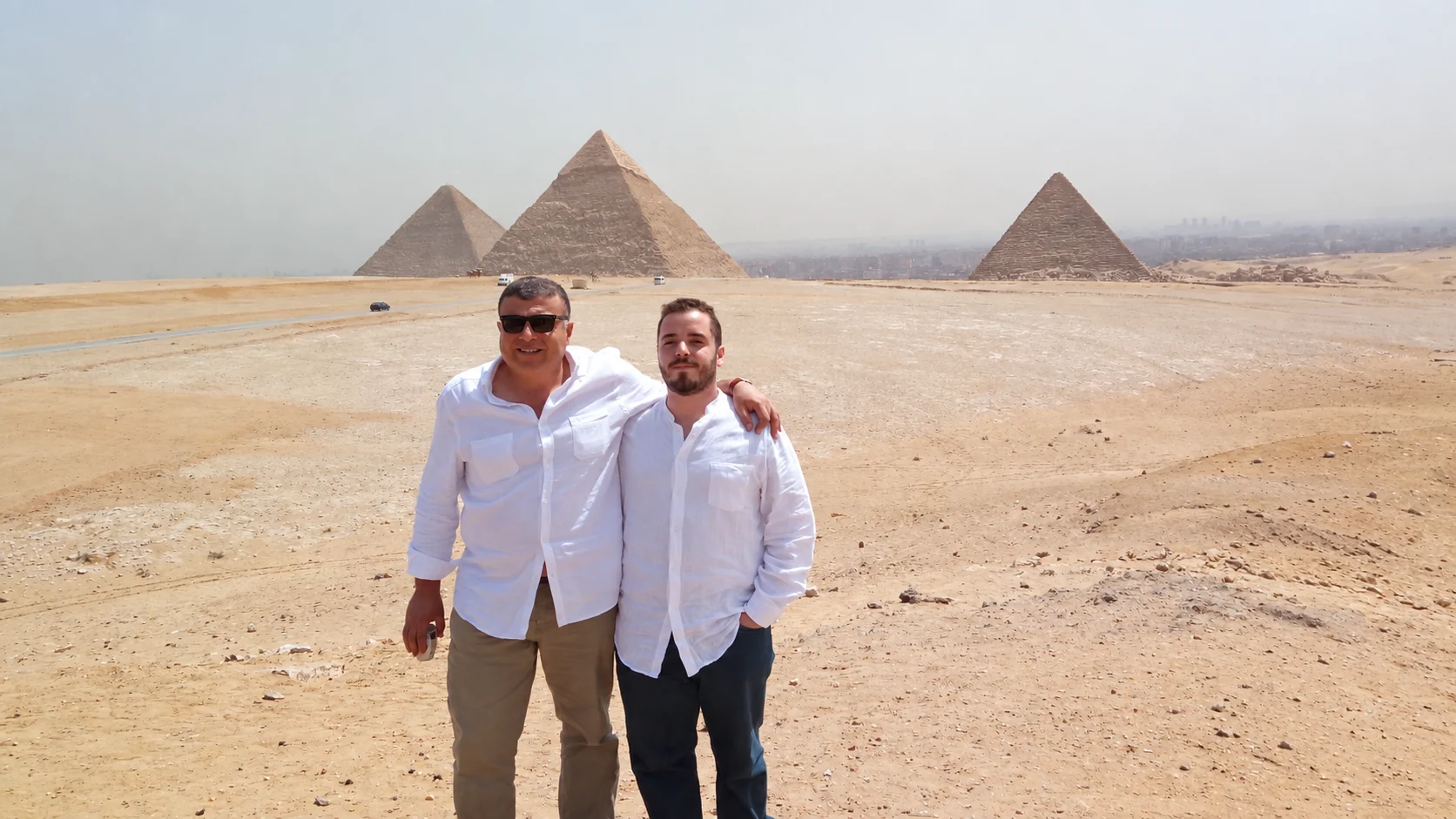 Nabil Khaled and his father at the pyramids in Egypt